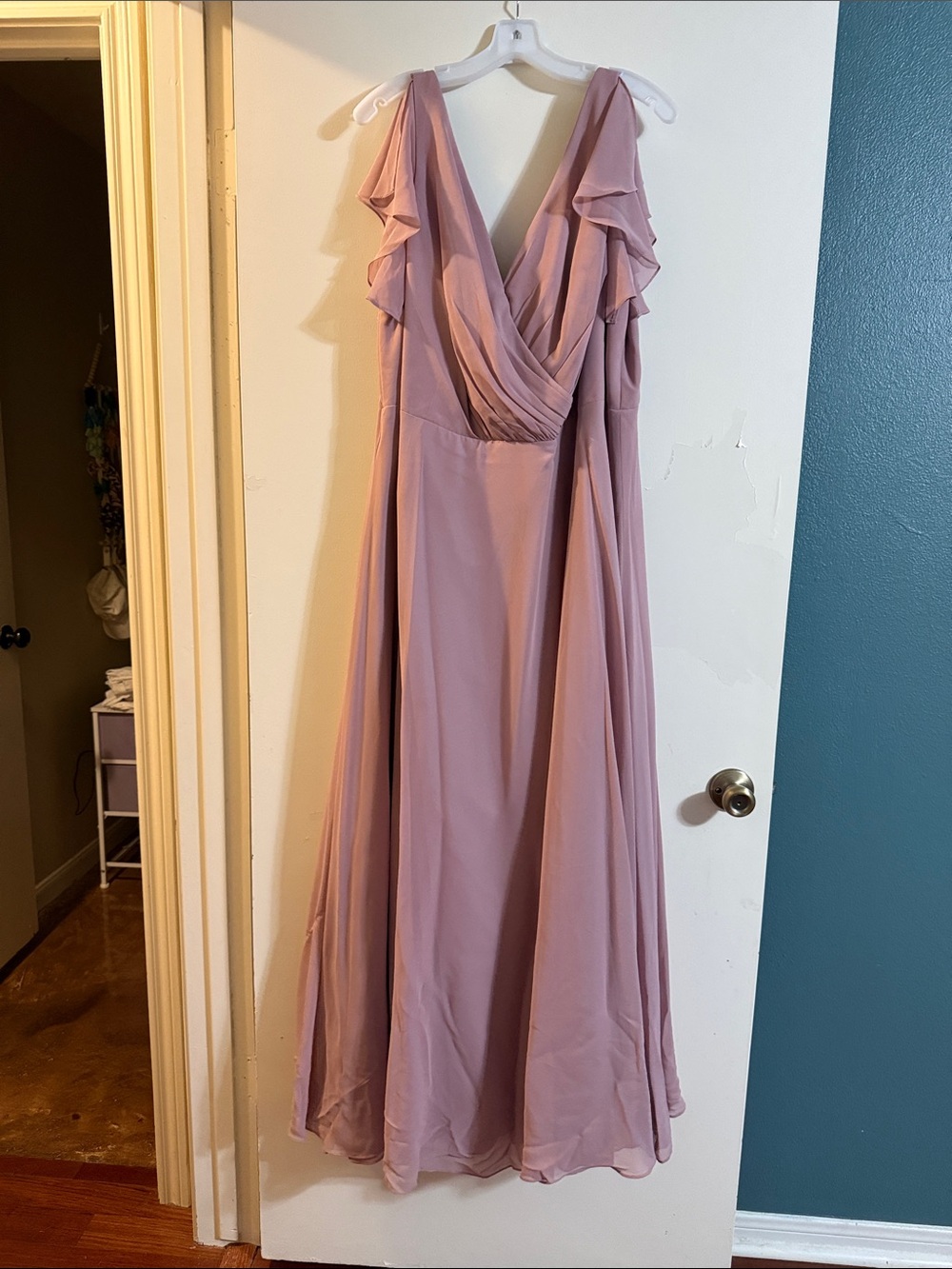 David's Bridal Dusty Mauve Ruffle Sleeve V-Neck Maxi Dress